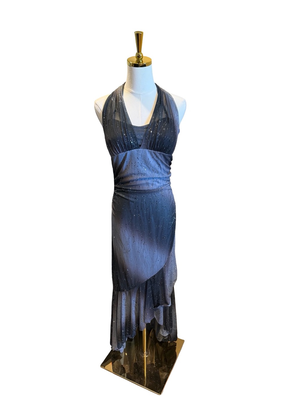 Taboo Halter High-Low Evening Dress in Shimmery Navy
